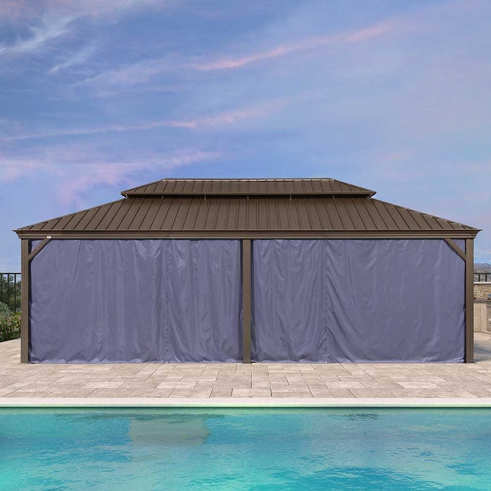Outdoor Hardtop Gazebo for Patio Bronze Aluminum Frame Pavilion with Navy-Blue Curtain - Image 92