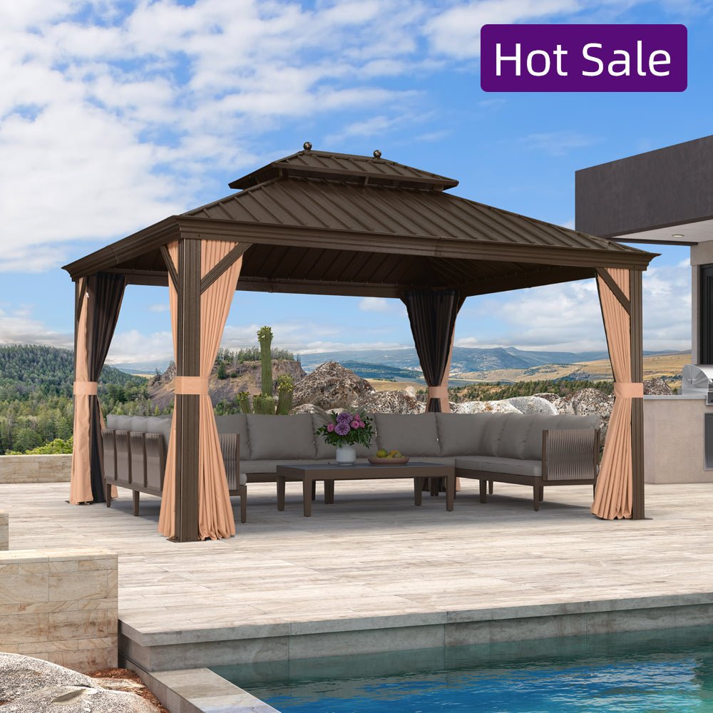 Outdoor Hardtop Gazebo for Garden Bronze Double Roof Aluminum Frame Pavilion - Image 12