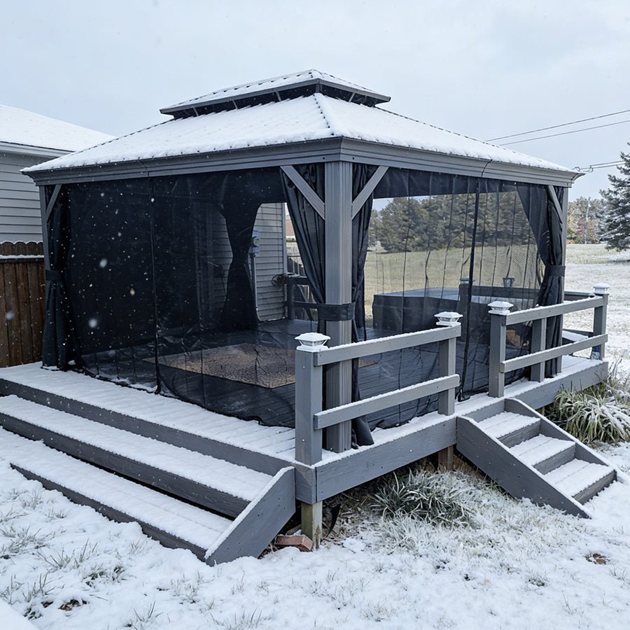 Patio Gazebo for Pool Light Grey Hardtop Galvanized Steel Roof with Upgraded Curtains - Image 97