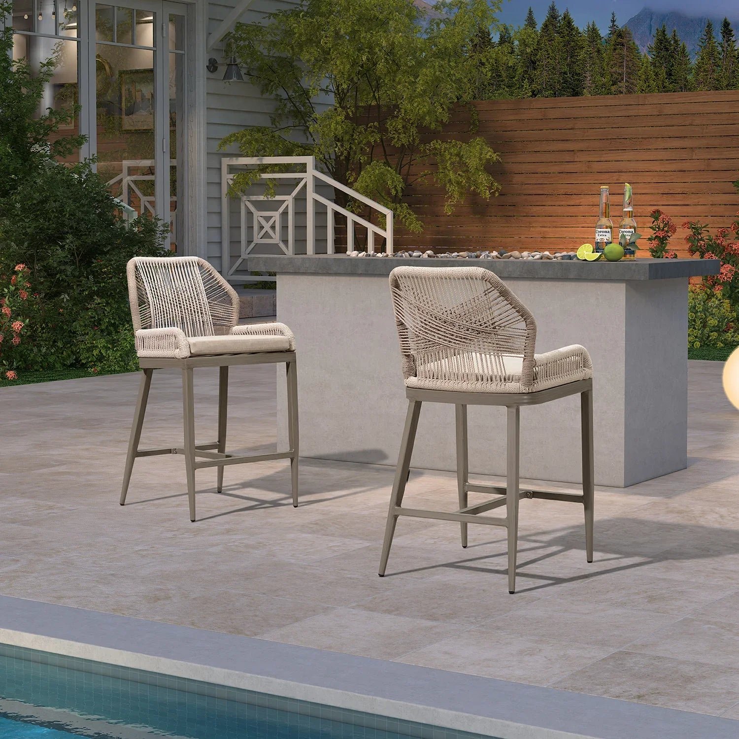 Bar Stools Set of 4 Outdoor Aluminum Barstools with Back Modern Wicker Rattan Boho Garden Pool Patio Bar Chairs - Image 15