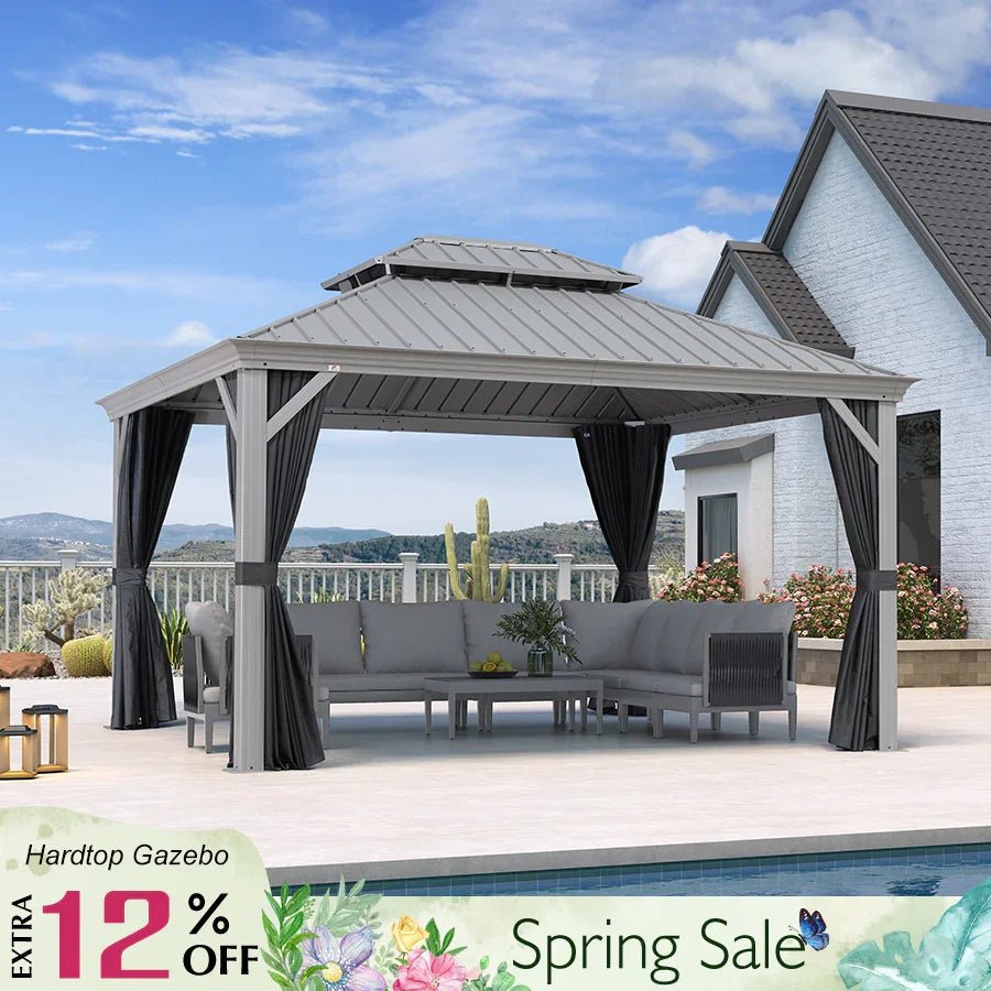 Patio Gazebo for Pool Light Grey Hardtop Galvanized Steel Roof with Upgraded Curtains - Image 9