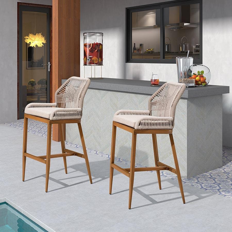 Bar Stools Set of 4 Outdoor Aluminum Barstools with Back Modern Wicker Rattan Boho Garden Pool Patio Bar Chairs - Image 7
