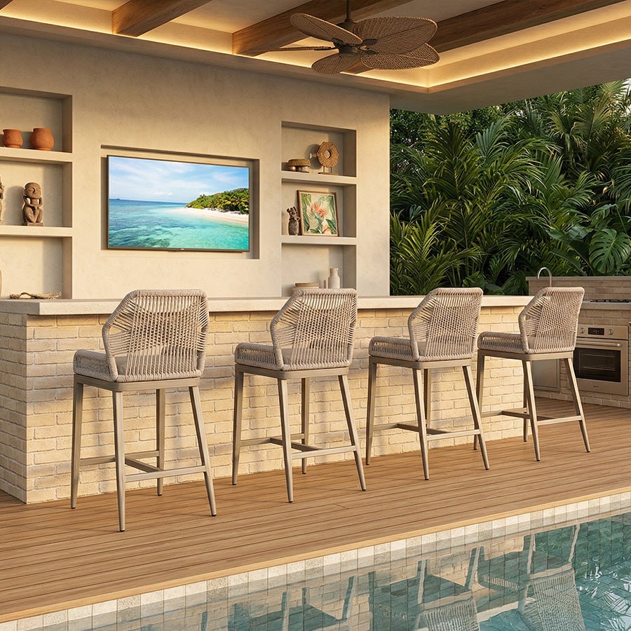 Bar Stools Set of 4 Outdoor Aluminum Barstools with Back Modern Wicker Rattan Boho Garden Pool Patio Bar Chairs - Image 61