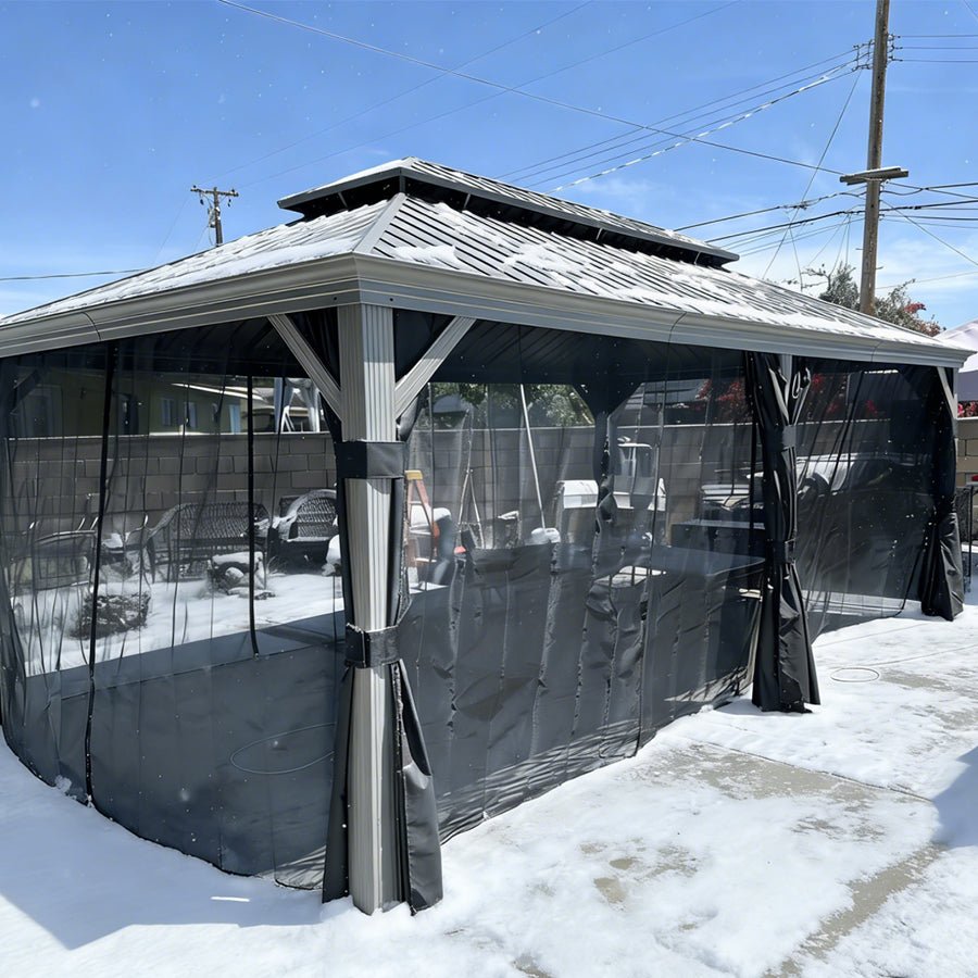Patio Gazebo for Pool Light Grey Hardtop Galvanized Steel Roof with Upgraded Curtains - Image 96