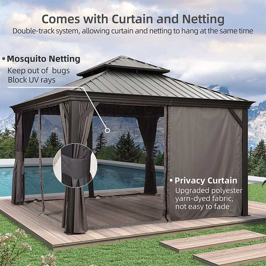 Gazebo for Backyard Grey Hardtop Galvanized Steel Roof Awning String Lights-milky - Image 8
