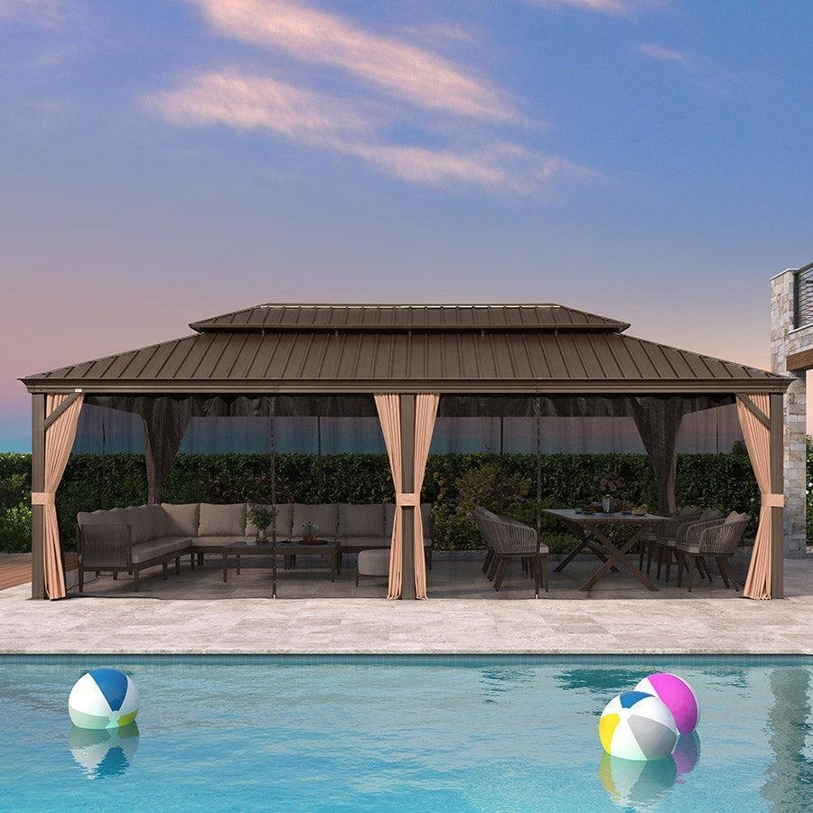 Outdoor Hardtop Gazebo for Garden Bronze Double Roof Aluminum Frame Pavilion - Image 43
