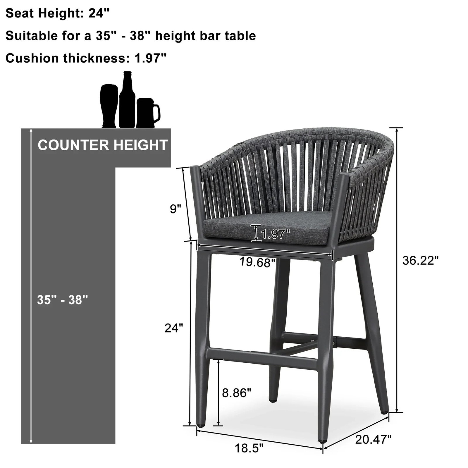 Counter Stools Bar Stools Rattan Bar Stools Wicker Bar Chairs Woven Aluminum Barstools with Back and Cushions - Image 79