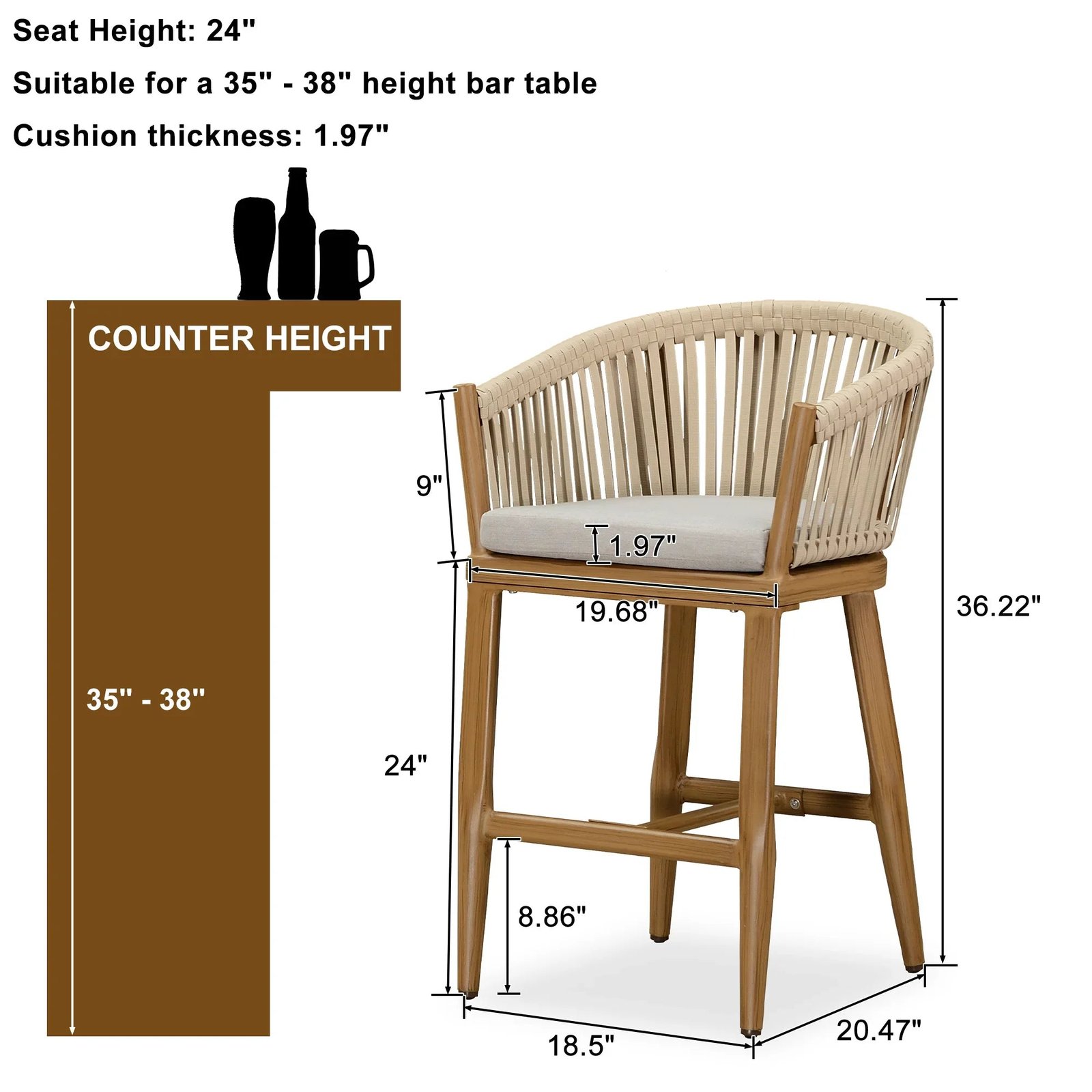 Counter Stools Bar Stools Rattan Bar Stools Wicker Bar Chairs Woven Aluminum Barstools with Back and Cushions - Image 80