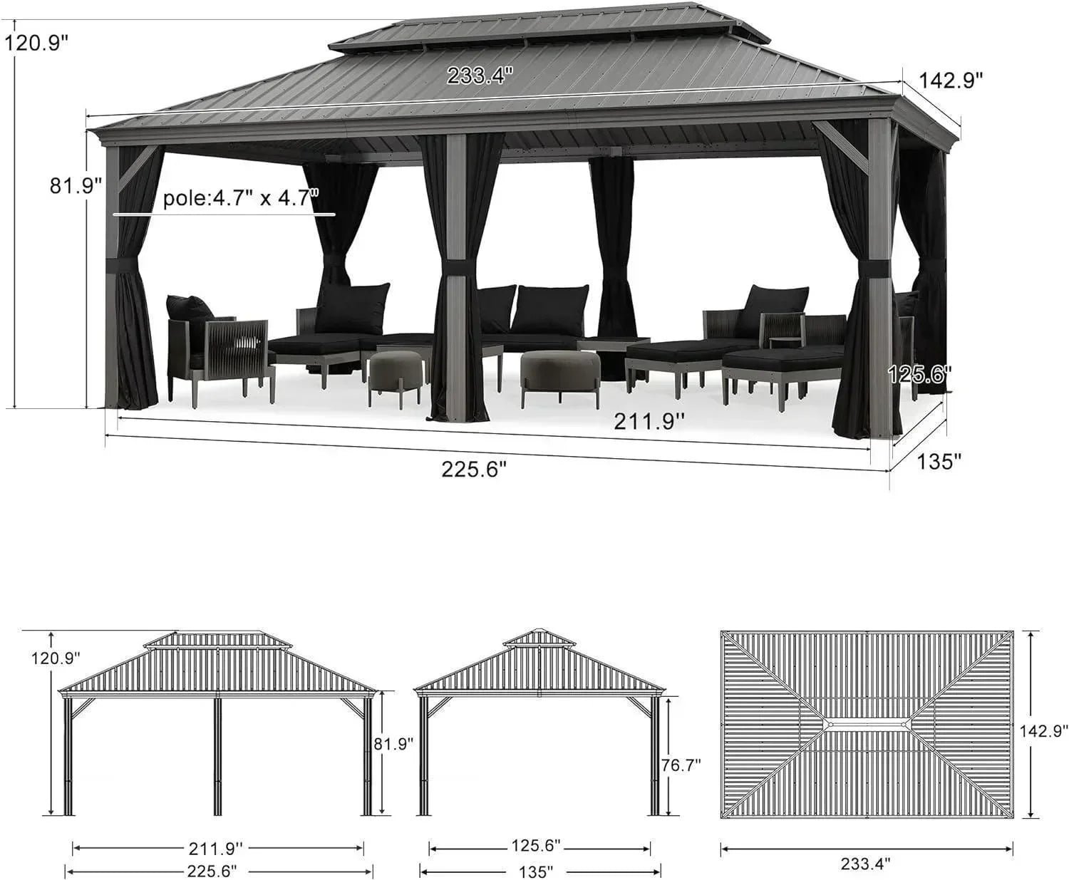 Patio Gazebo for Pool Light Grey Hardtop Galvanized Steel Roof with Upgraded Curtains - Image 46