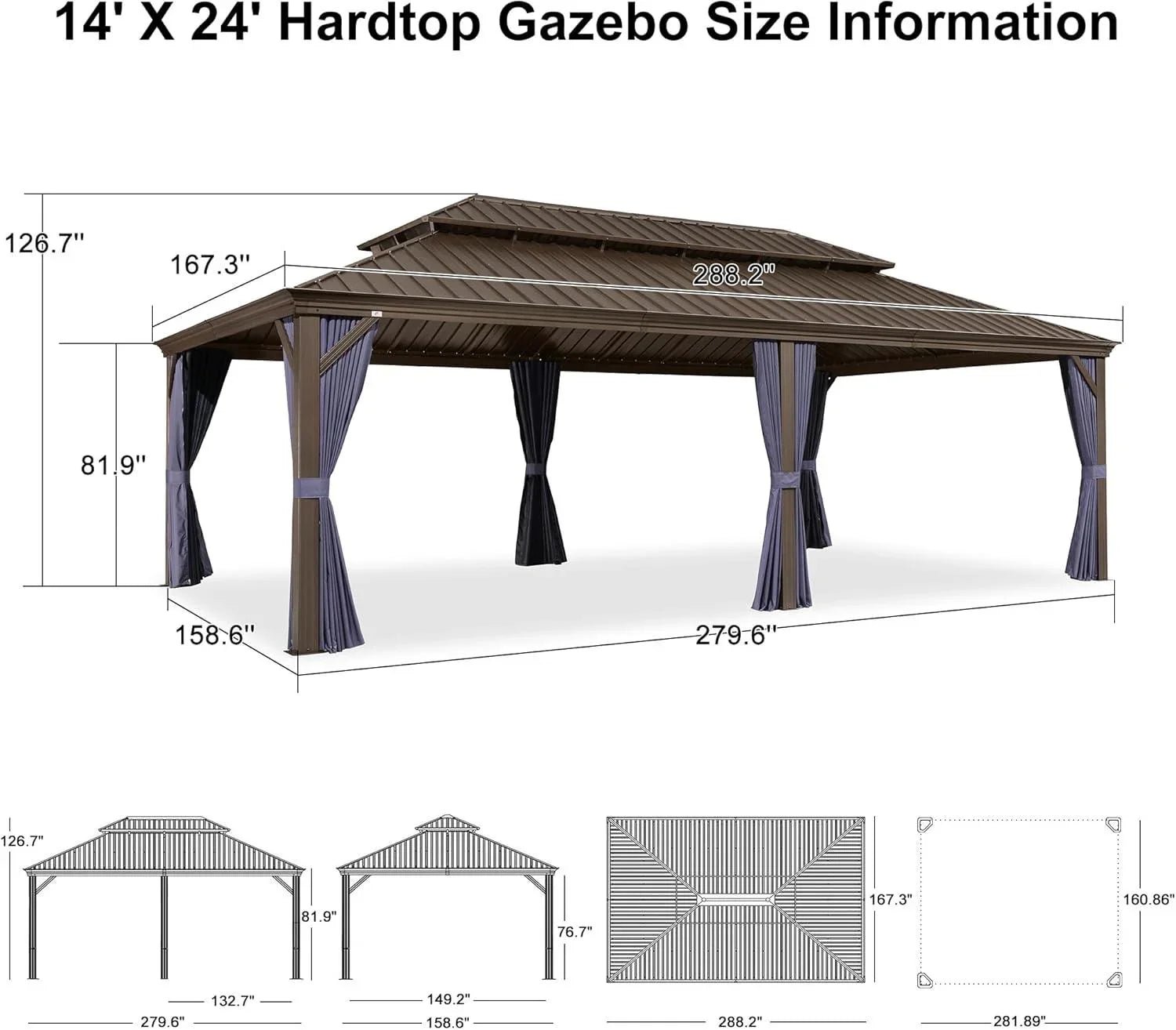 Outdoor Hardtop Gazebo for Patio Bronze Aluminum Frame Pavilion with Navy-Blue Curtain - Image 89