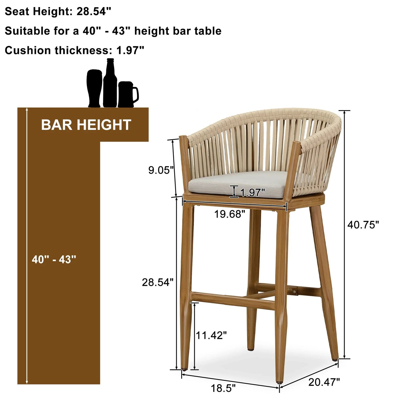 Counter Stools Bar Stools Rattan Bar Stools Wicker Bar Chairs Woven Aluminum Barstools with Back and Cushions - Image 78