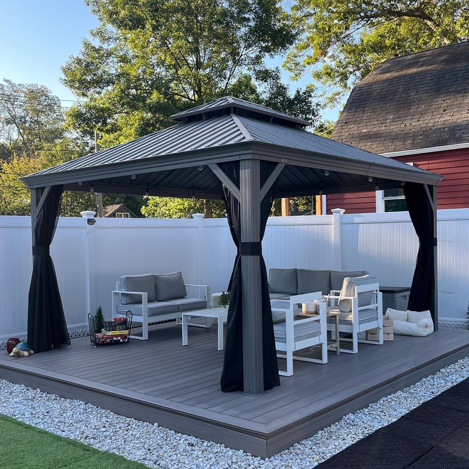 Patio Gazebo for Pool Light Grey Hardtop Galvanized Steel Roof with String Lights-clear - Image 80