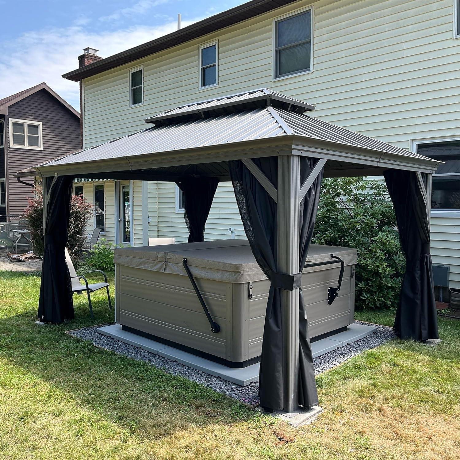 Patio Gazebo for Pool Light Grey Hardtop Galvanized Steel Roof with Upgraded Curtains - Image 3