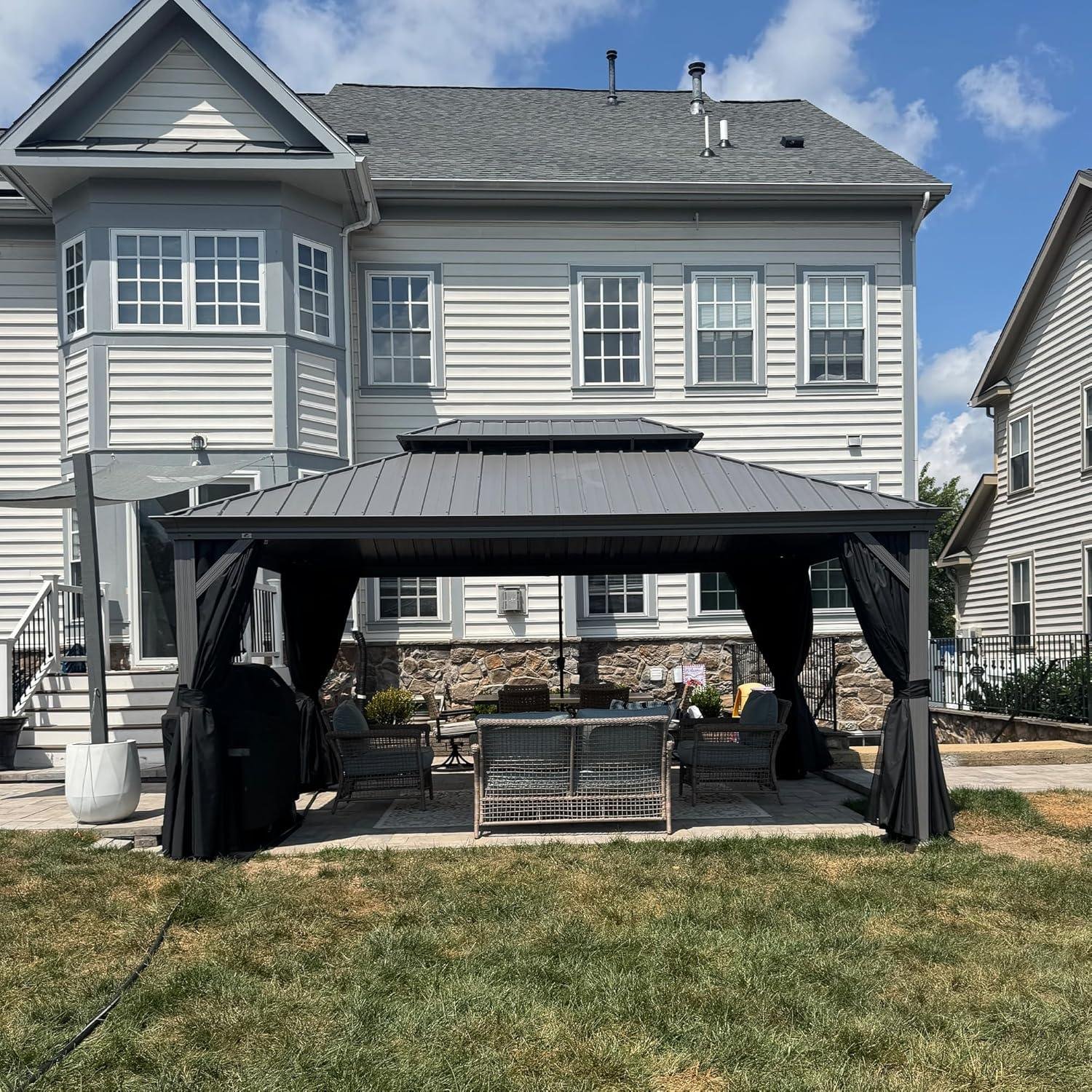 Patio Gazebo for Pool Light Grey Hardtop Galvanized Steel Roof with Upgraded Curtains - Image 103