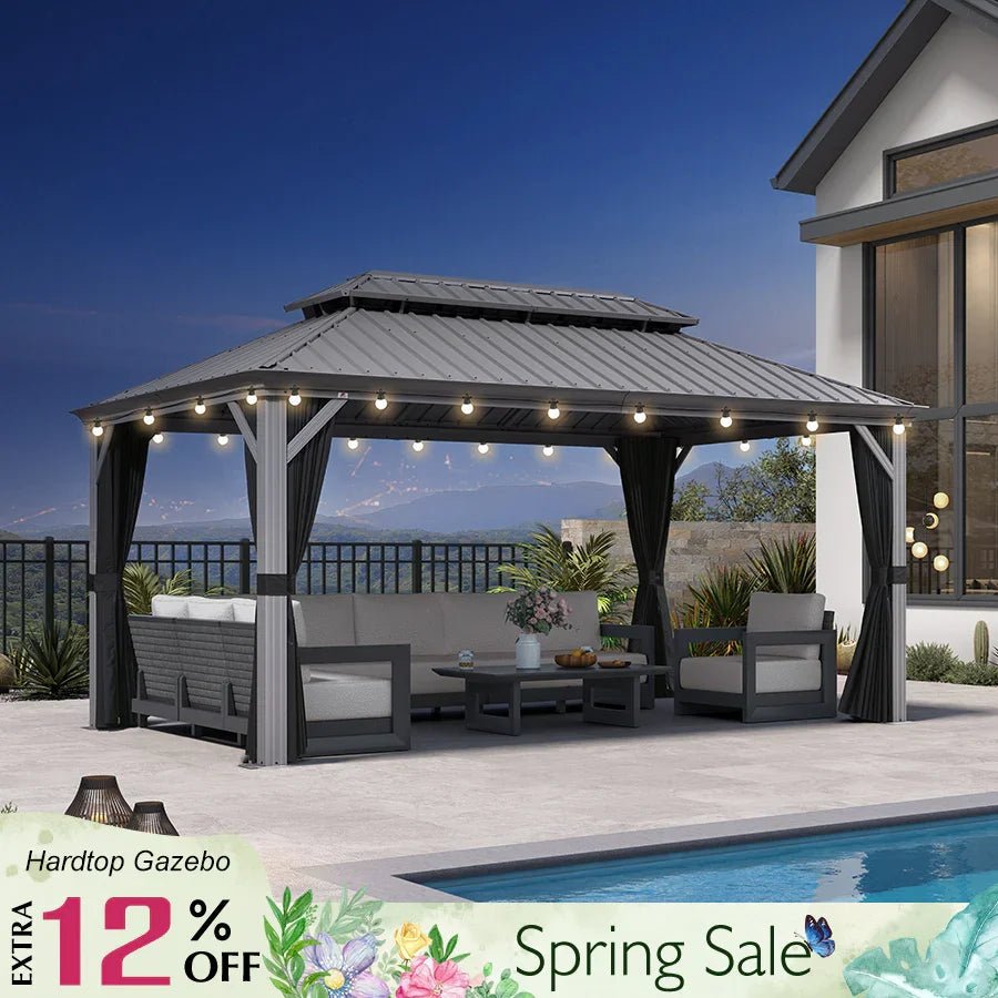 Patio Gazebo for Pool Light Grey Hardtop Galvanized Steel Roof with String Lights-milky - Image 20
