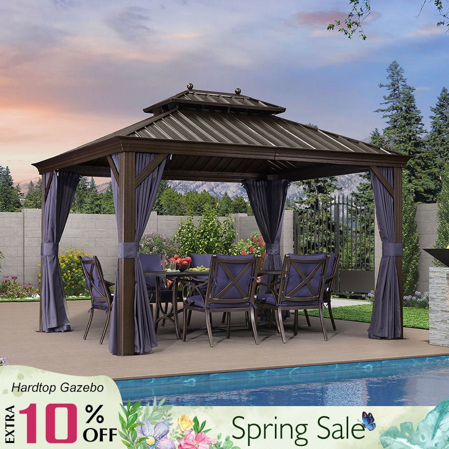Outdoor Hardtop Gazebo for Patio Bronze Aluminum Frame Pavilion with Navy-Blue Curtain - Image 10