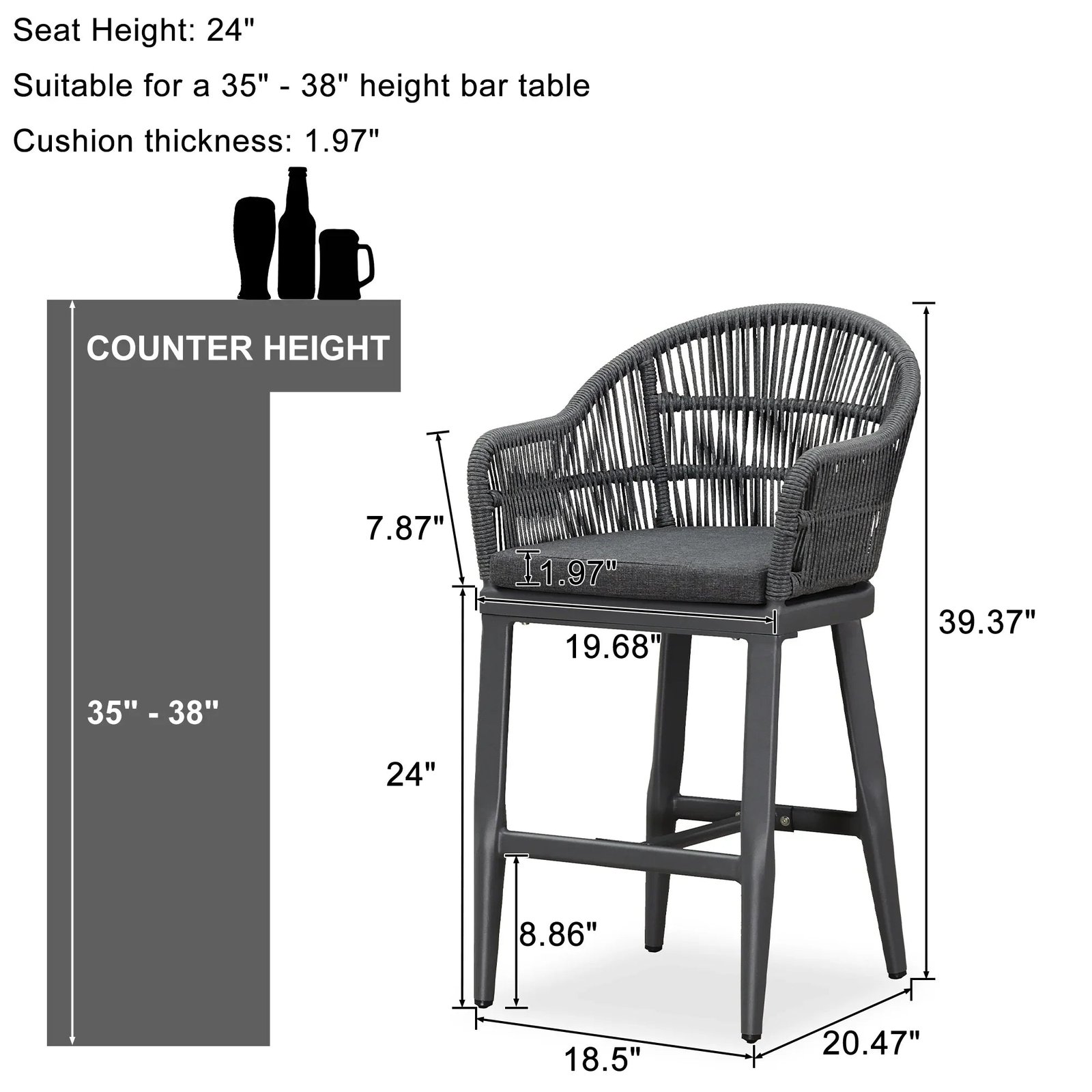 Outdoor Bar Stools Rattan Bar Stools Counter Stools with Back and Cushions  for Patio, Garden, Kitchen - Image 41