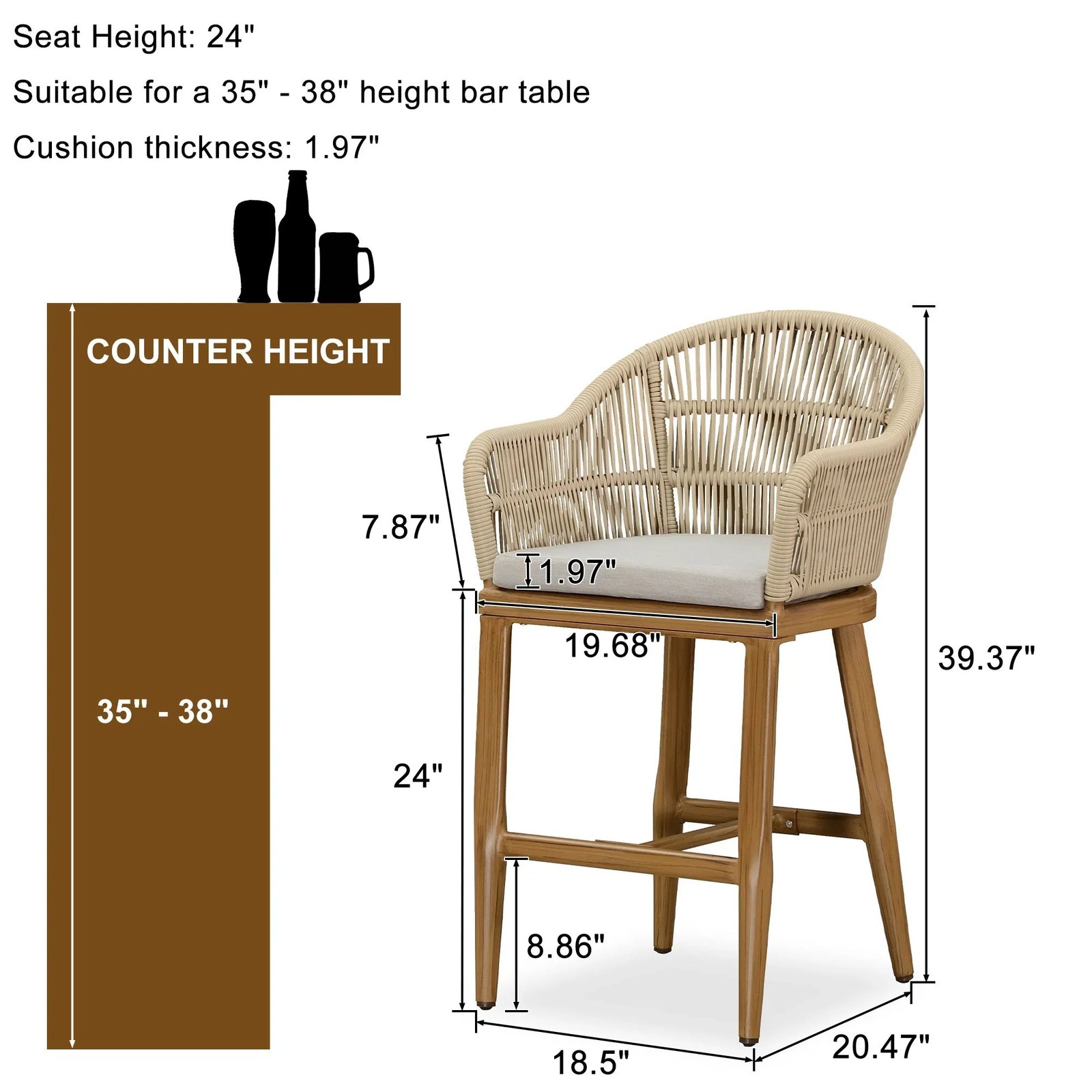 Outdoor Bar Stools Rattan Bar Stools Counter Stools with Back and Cushions  for Patio, Garden, Kitchen - Image 39