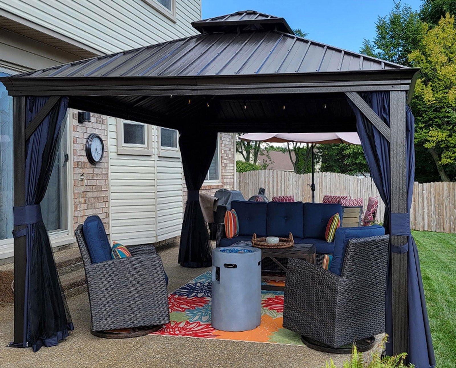Outdoor Hardtop Gazebo for Patio Bronze Aluminum Frame Pavilion with Navy-Blue Curtain - Image 42