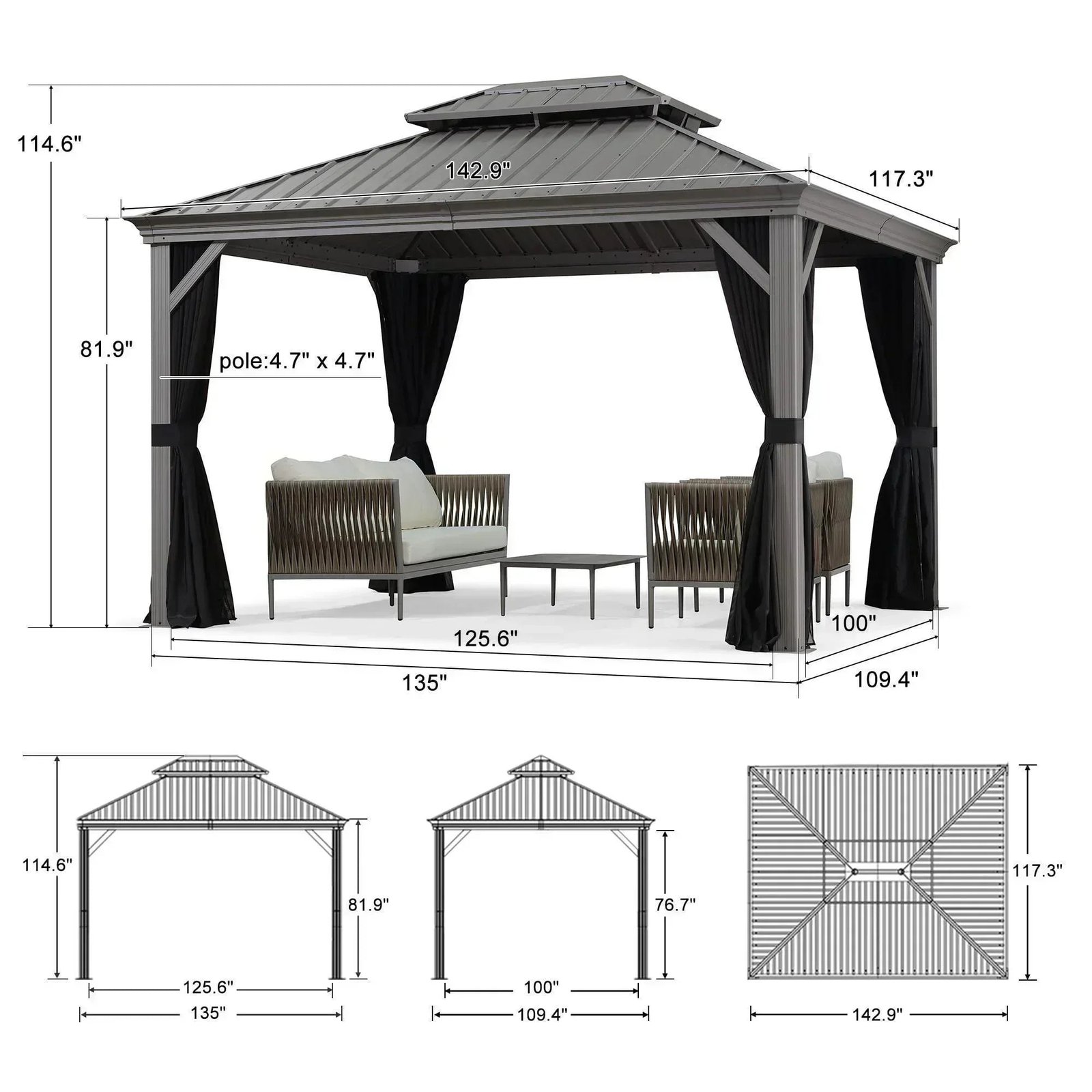 Patio Gazebo for Pool Light Grey Hardtop Galvanized Steel Roof with Upgraded Curtains - Image 42