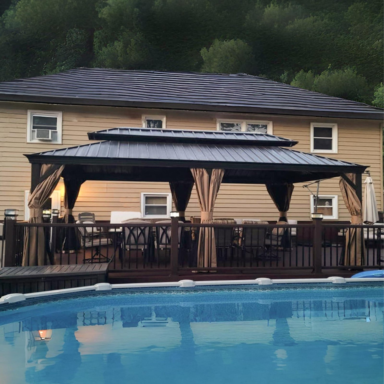 Outdoor Hardtop Gazebo for Garden Bronze Double Roof Aluminum Frame Pavilion with String Lights-milky - Image 58