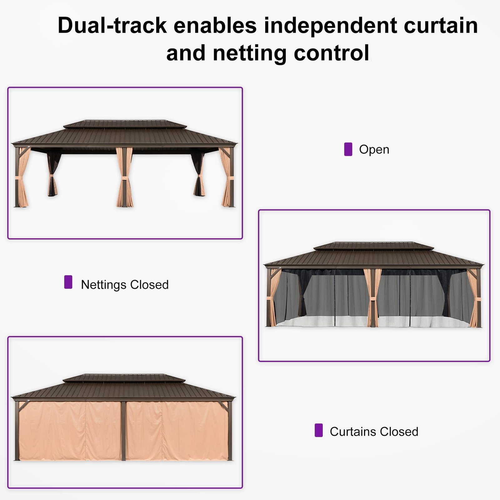 Outdoor Hardtop Gazebo for Garden Bronze Double Roof Aluminum Frame Pavilion with String Lights-milky - Image 62