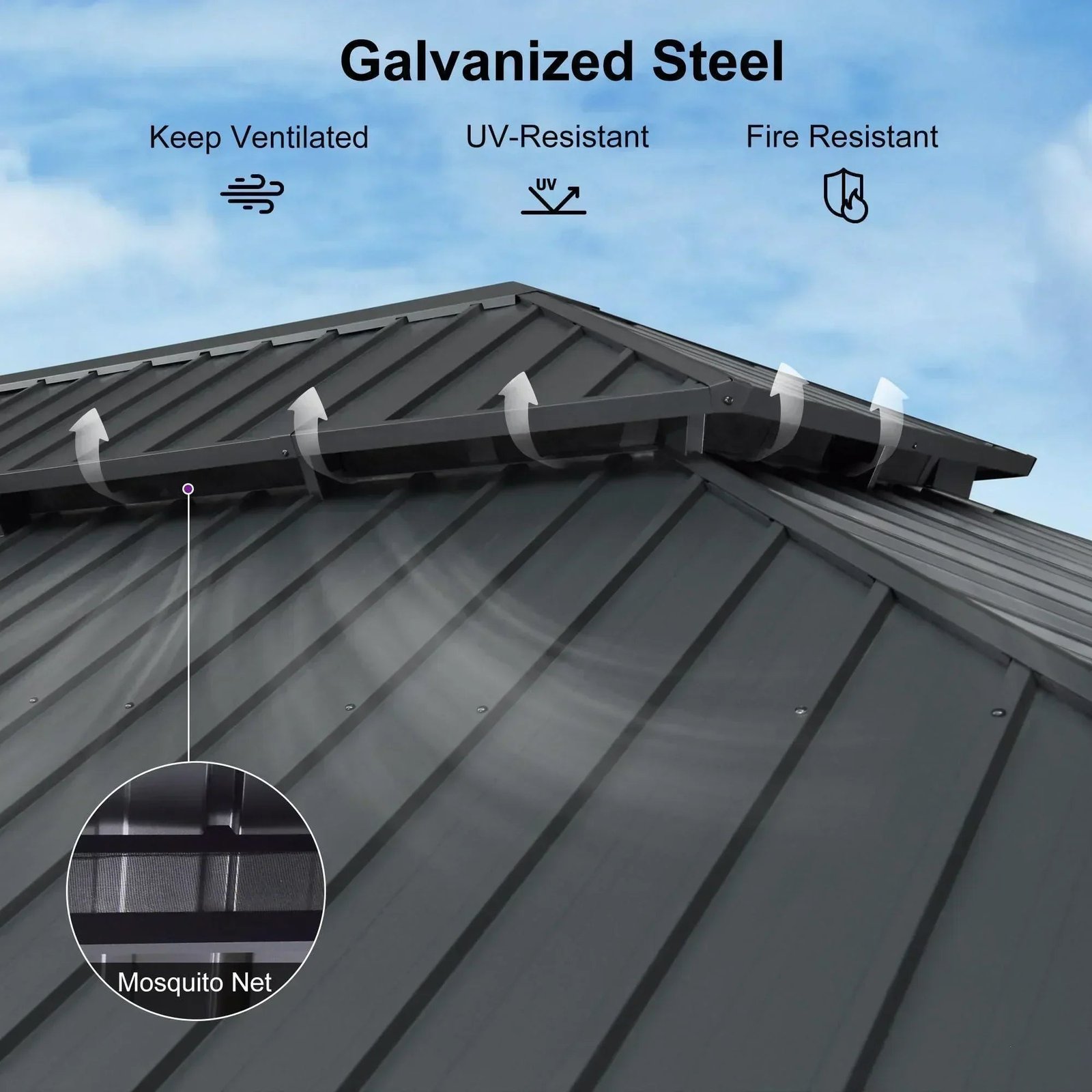 Patio Gazebo for Backyard Grey Hardtop Galvanized Steel Roof Awning with Upgrade Curtain - Image 77