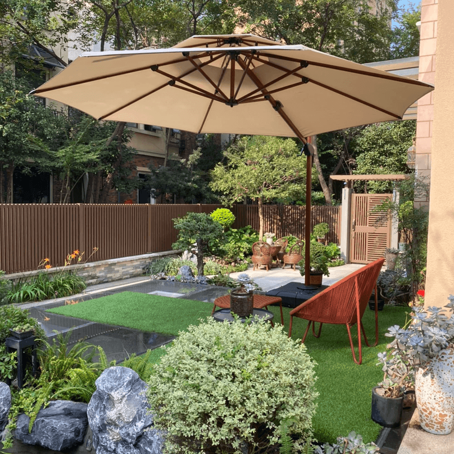 Double Top 10 / 11 / 12 / 13 ft Round Aluminum Patio Umbrella in Wood Color - Image 4
