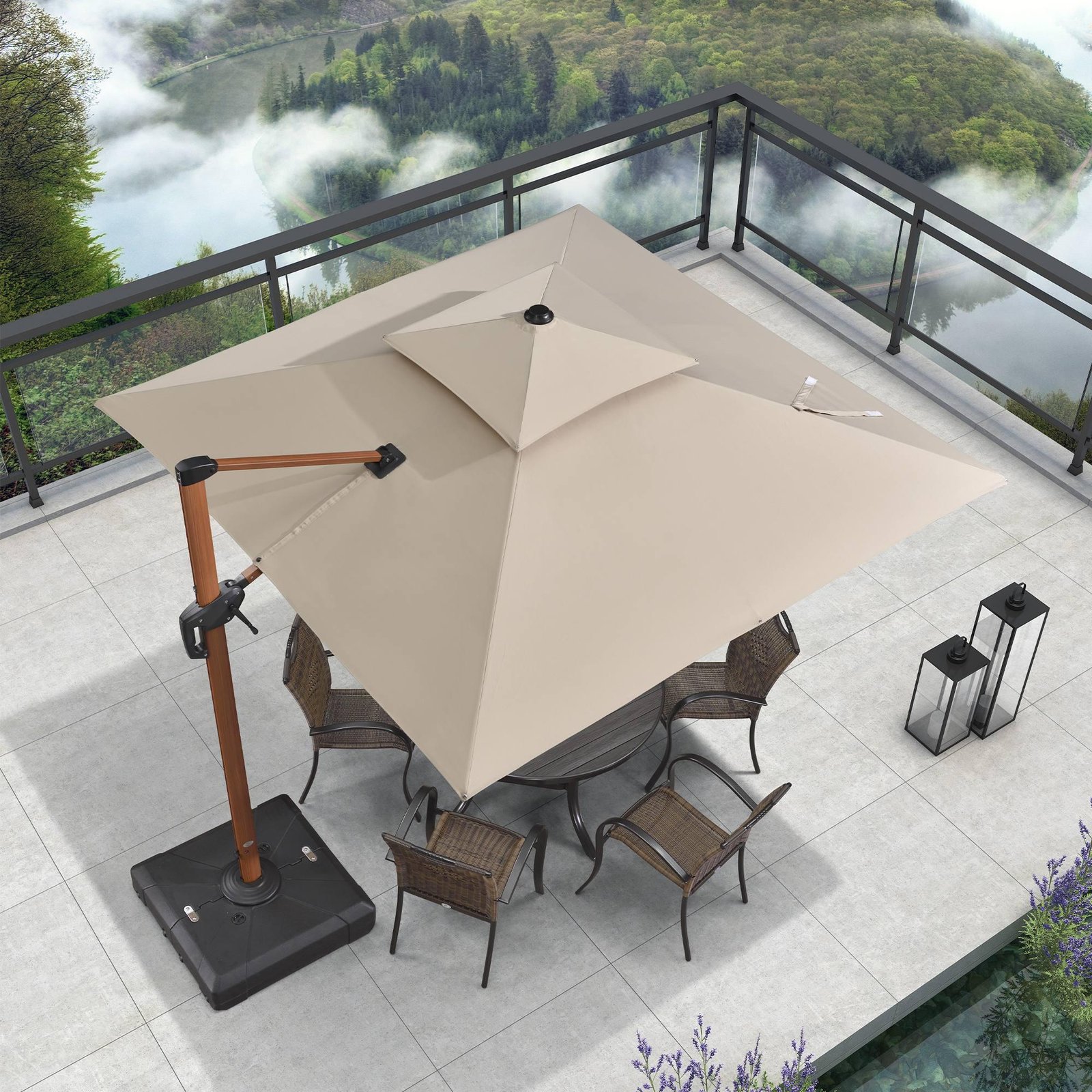 Double Top 9 / 10 / 11 / 12 ft Square Aluminum Sun Umbrellas in Wood Color - Image 3