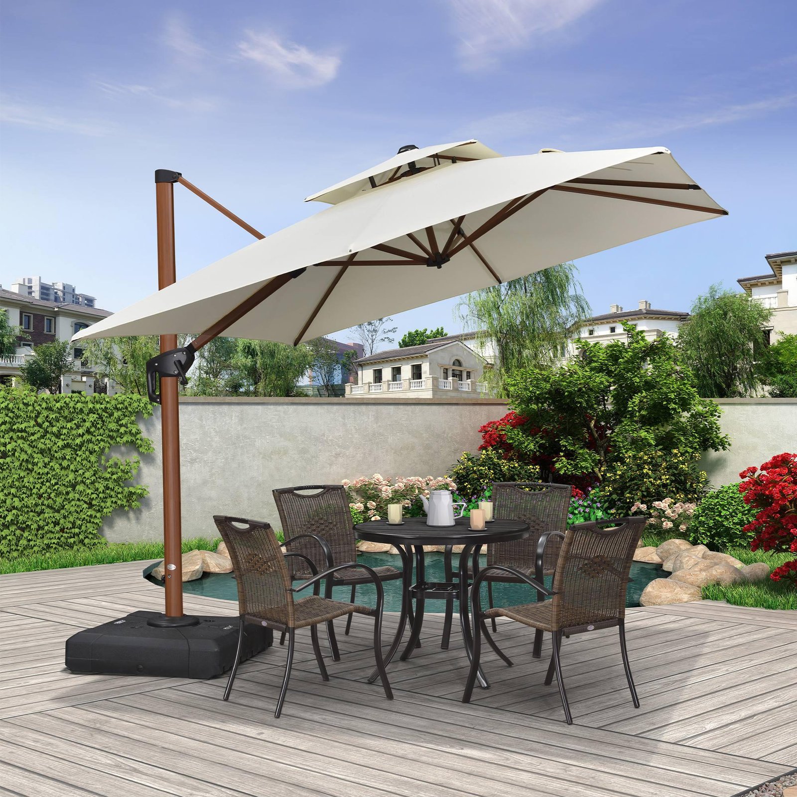 Double Top 9 / 10 / 11 / 12 ft Square Aluminum Sun Umbrellas in Wood Color - Image 58