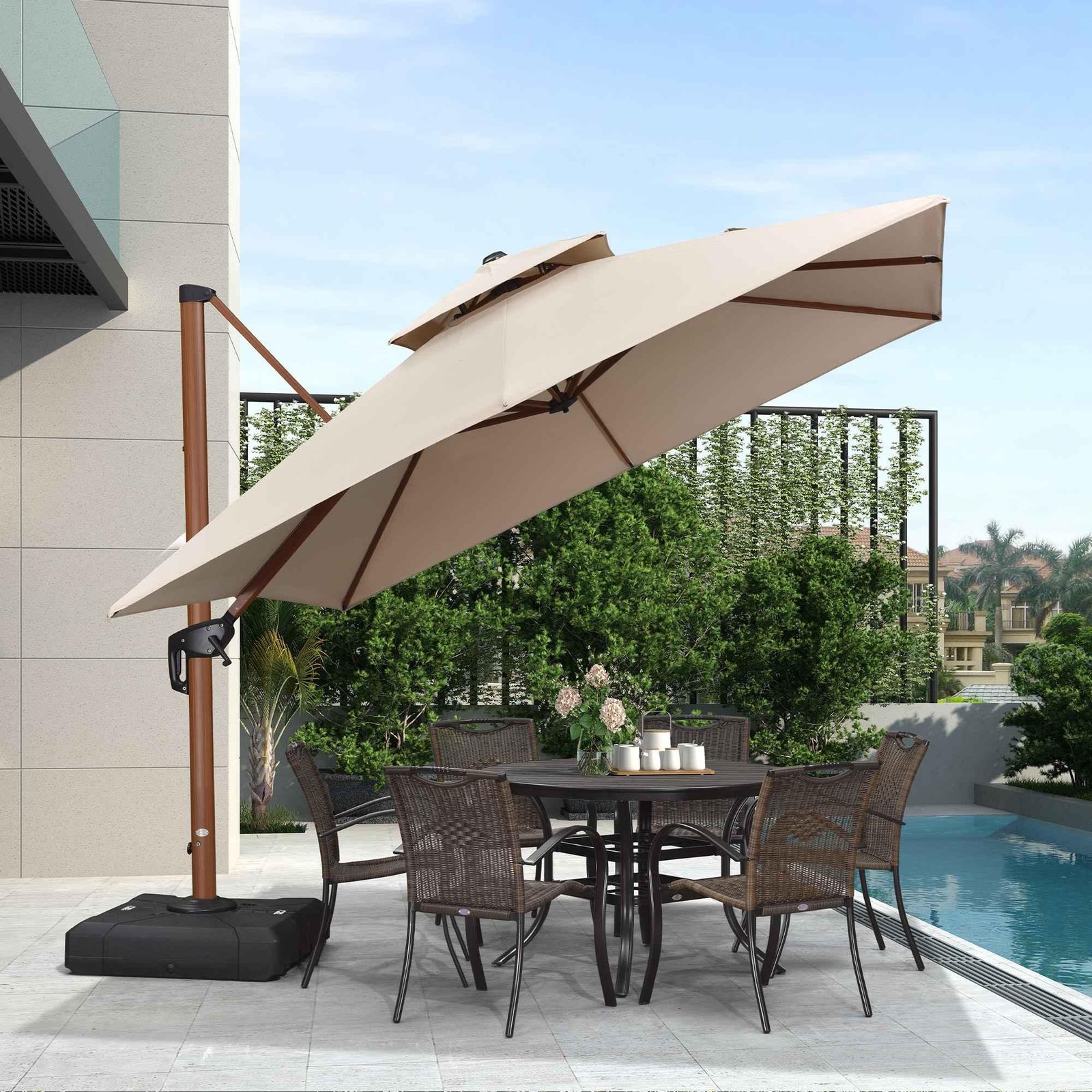 Double Top 9 / 10 / 11 / 12 ft Square Aluminum Sun Umbrellas in Wood Color - Image 9