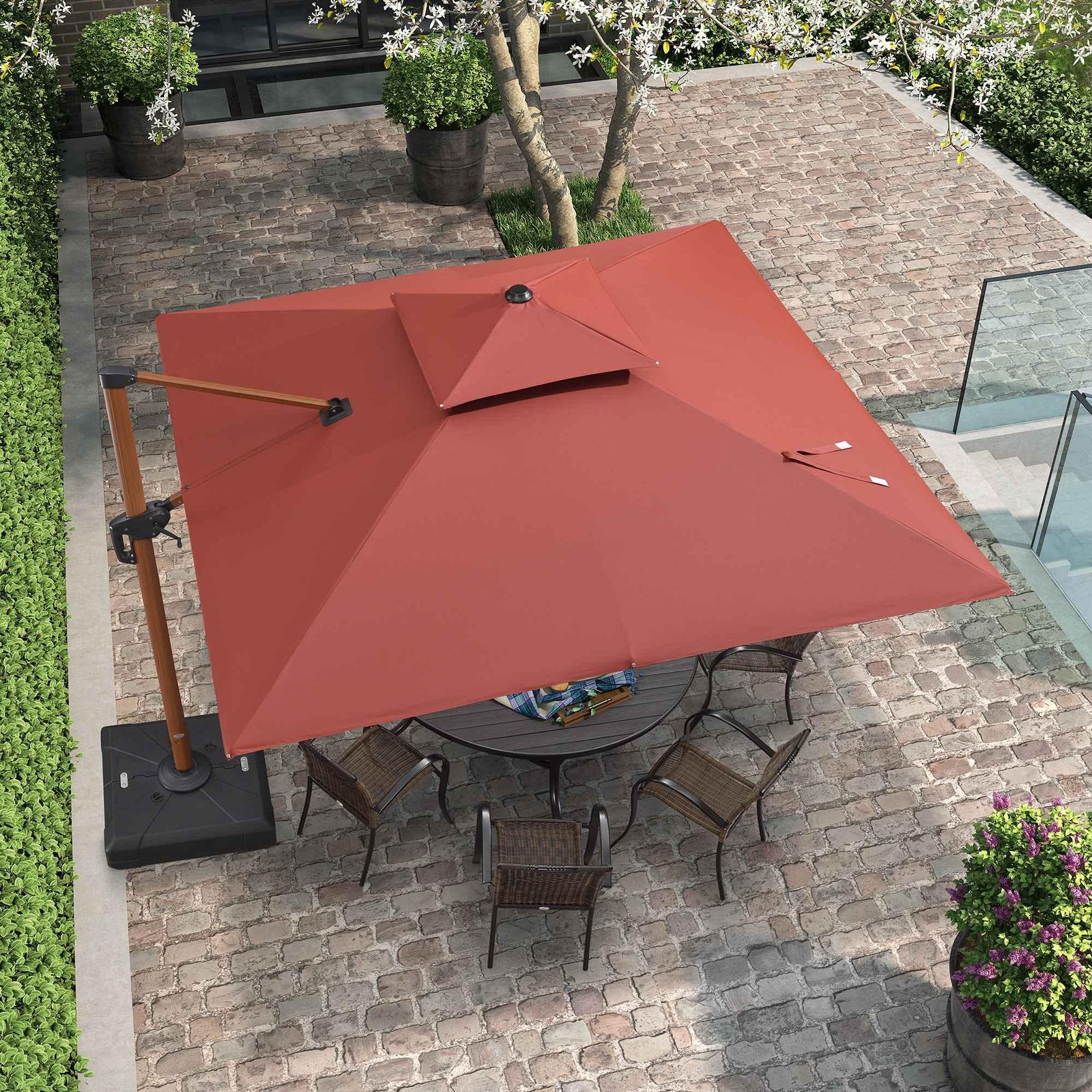 Double Top 9 / 10 / 11 / 12 ft Square Aluminum Sun Umbrellas in Wood Color - Image 62