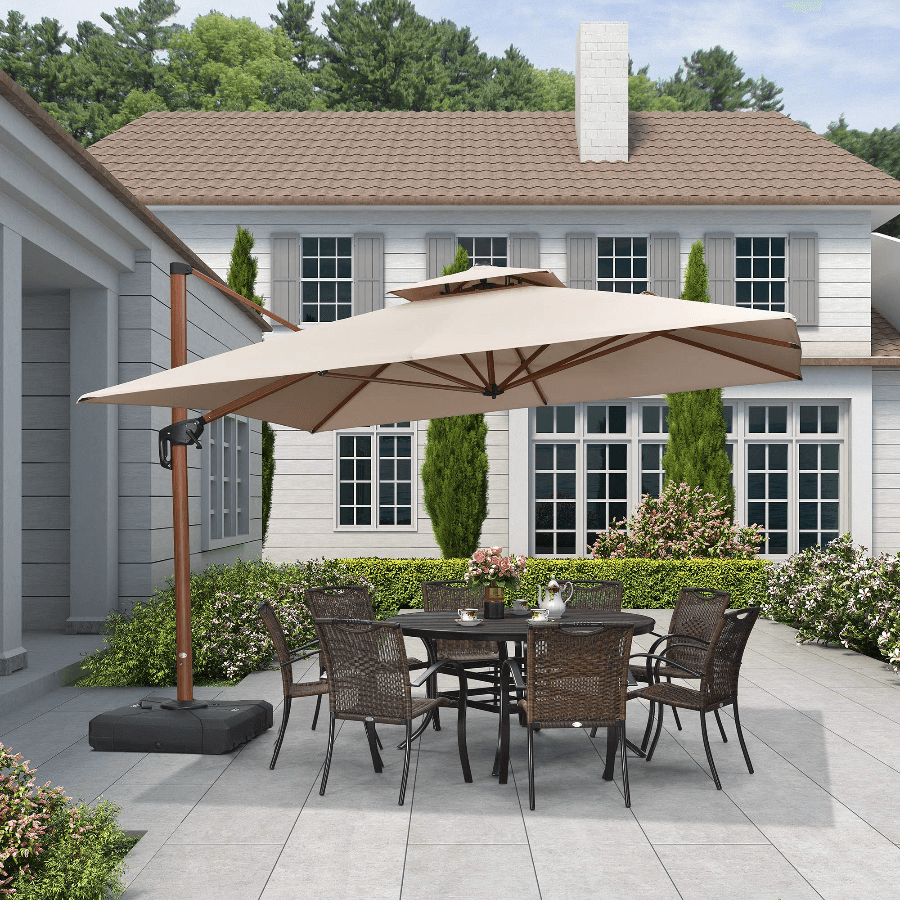 Double Top 9 / 10 / 11 / 12 ft Square Aluminum Sun Umbrellas in Wood Color - Image 6