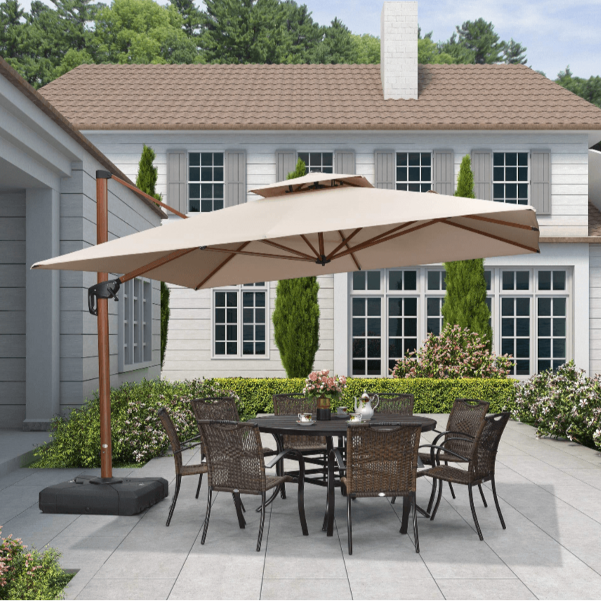 Double Top 9 / 10 / 11 / 12 ft Square Aluminum Sun Umbrellas in Wood Color - Image 5