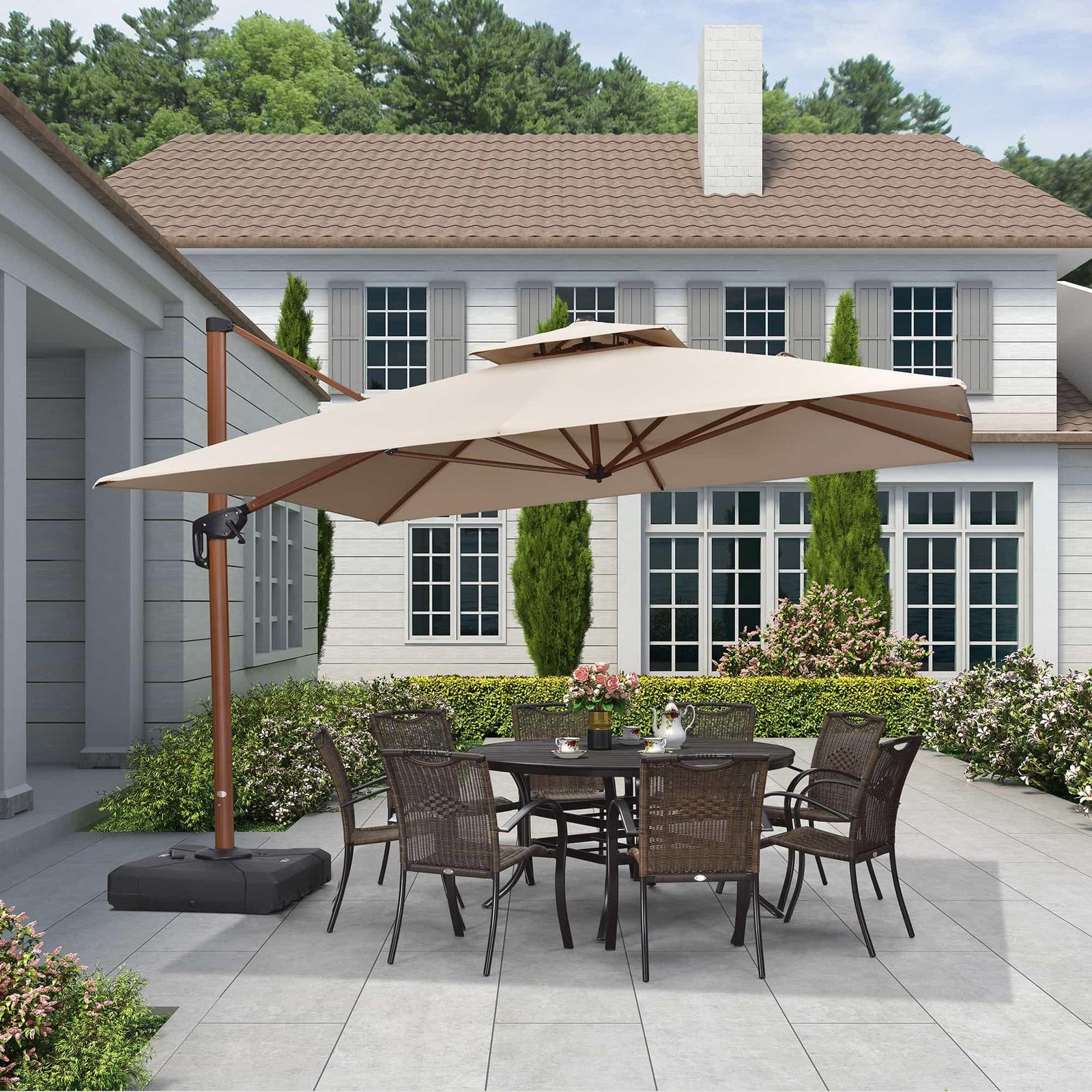 Double Top 9 / 10 / 11 / 12 ft Square Aluminum Sun Umbrellas in Wood Color - Image 65