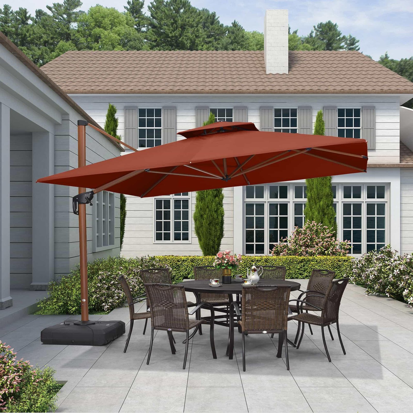 Double Top 9 / 10 / 11 / 12 ft Square Aluminum Sun Umbrellas in Wood Color - Image 66