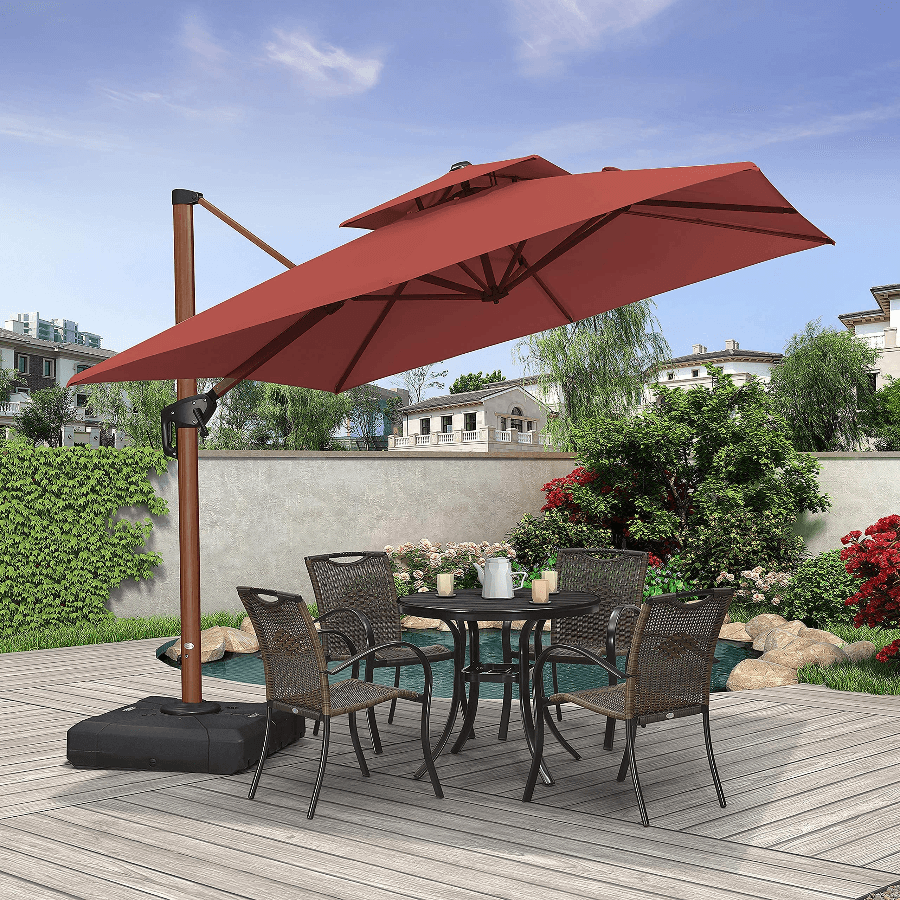 Double Top 9 / 10 / 11 / 12 ft Square Aluminum Sun Umbrellas in Wood Color - Image 22