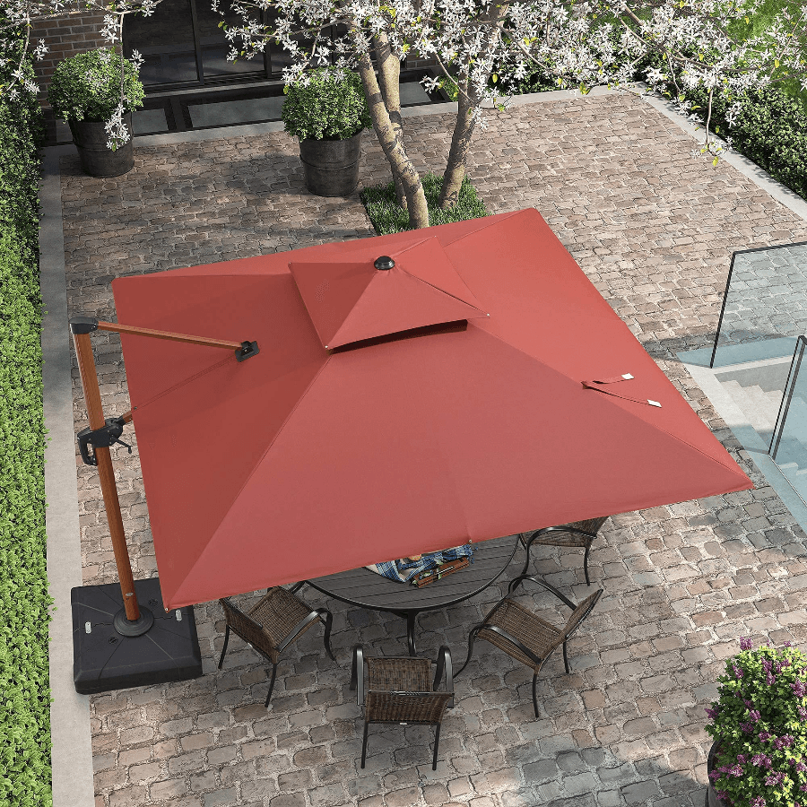 Double Top 9 / 10 / 11 / 12 ft Square Aluminum Sun Umbrellas in Wood Color - Image 24