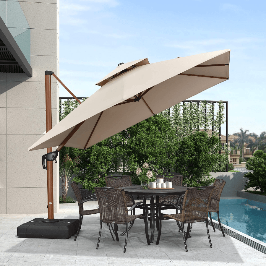 Double Top 9 / 10 / 11 / 12 ft Square Aluminum Sun Umbrellas in Wood Color - Image 14