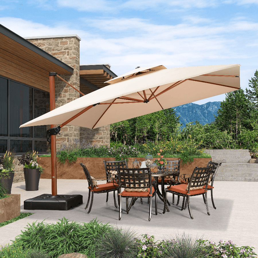 Double Top 9 / 10 / 11 / 12 ft Square Aluminum Sun Umbrellas in Wood Color - Image 29