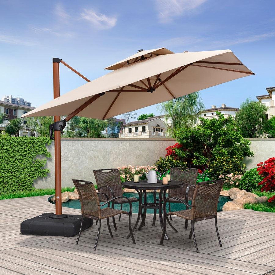 Double Top 9 / 10 / 11 / 12 ft Square Aluminum Sun Umbrellas in Wood Color - Image 38
