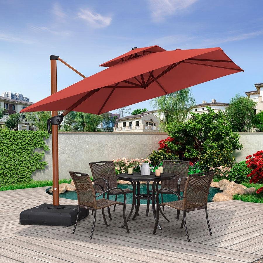 Double Top 9 / 10 / 11 / 12 ft Square Aluminum Sun Umbrellas in Wood Color - Image 40
