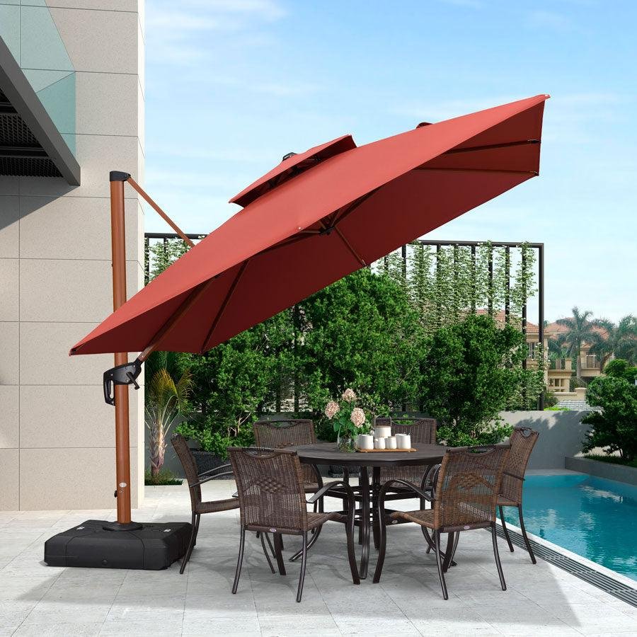 Double Top 9 / 10 / 11 / 12 ft Square Aluminum Sun Umbrellas in Wood Color - Image 41