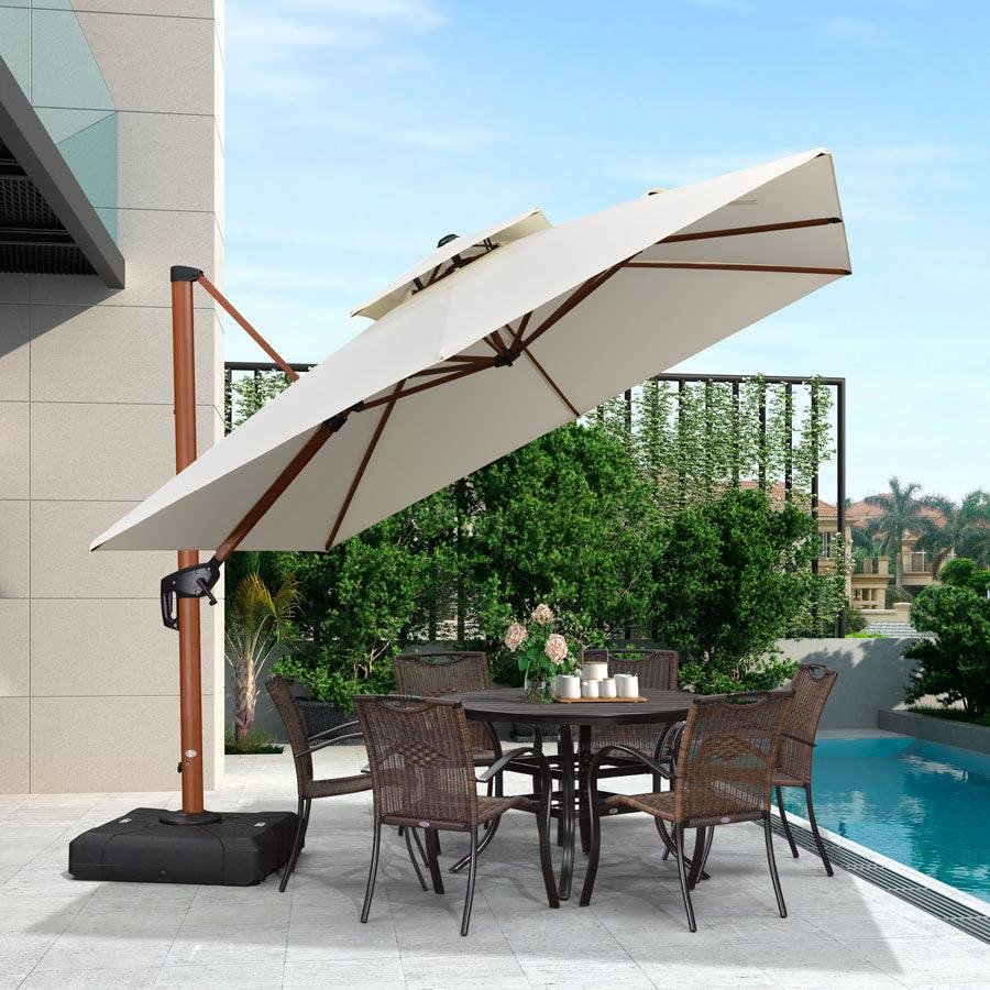 Double Top 9 / 10 / 11 / 12 ft Square Aluminum Sun Umbrellas in Wood Color - Image 42