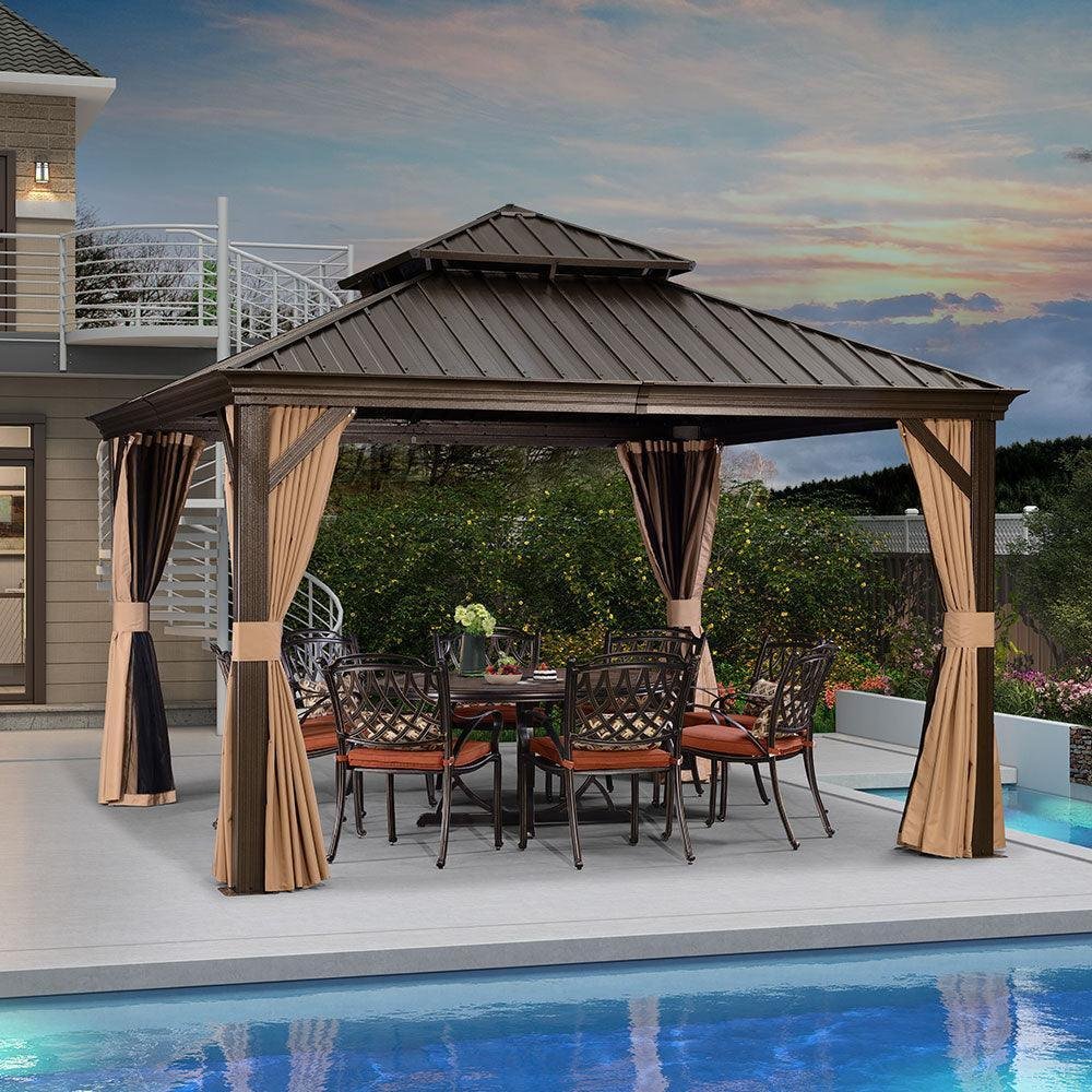 Outdoor Hardtop Gazebo for Garden Bronze Double Roof Aluminum Frame Pavilion - Image 15