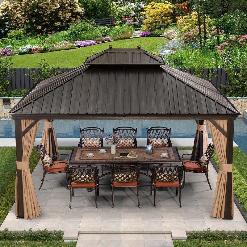Outdoor Hardtop Gazebo for Garden Bronze Double Roof Aluminum Frame Pavilion - Image 9