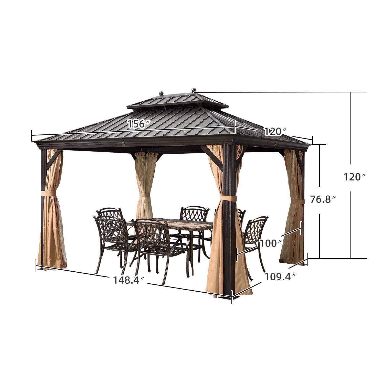 Outdoor Hardtop Gazebo for Garden Bronze Double Roof Aluminum Frame Pavilion with String Lights-milky - Image 12