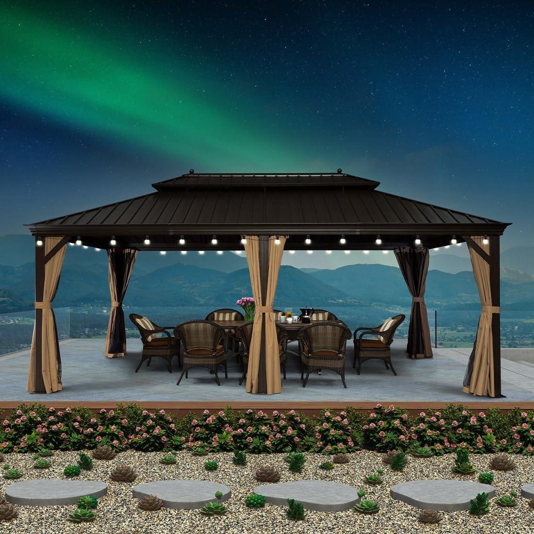 Outdoor Hardtop Gazebo for Garden Bronze Double Roof Aluminum Frame Pavilion with String Lights-clear - Image 25