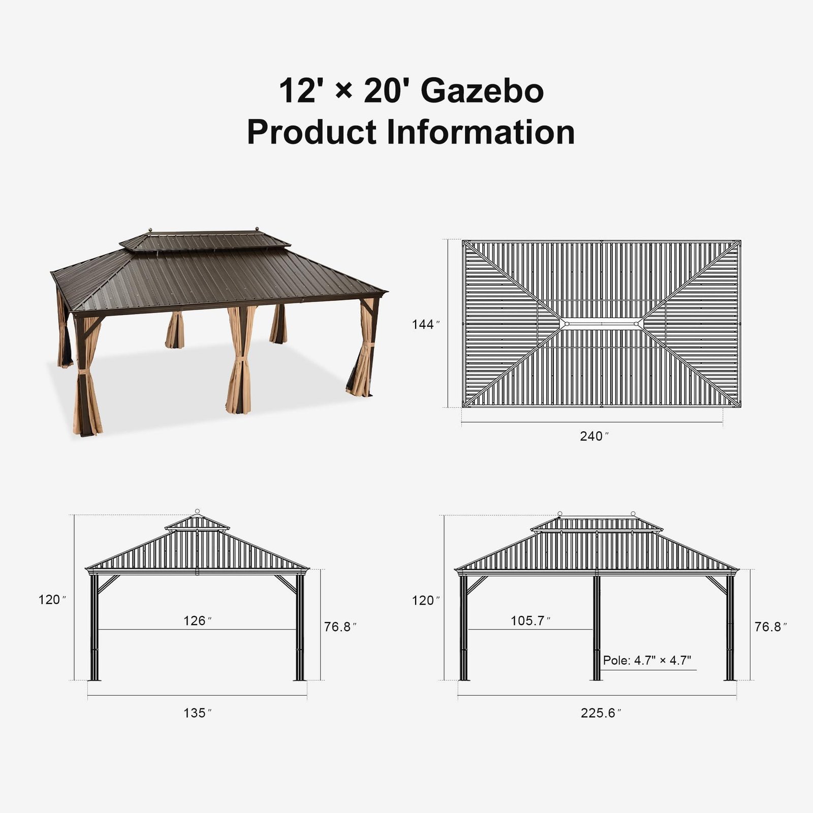 Outdoor Hardtop Gazebo for Garden Bronze Double Roof Aluminum Frame Pavilion with String Lights-milky - Image 20