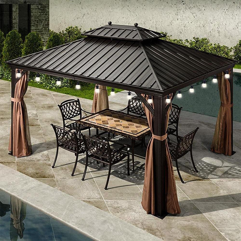 Outdoor Hardtop Gazebo for Garden Bronze Double Roof Aluminum Frame Pavilion with String Lights-milky - Image 22